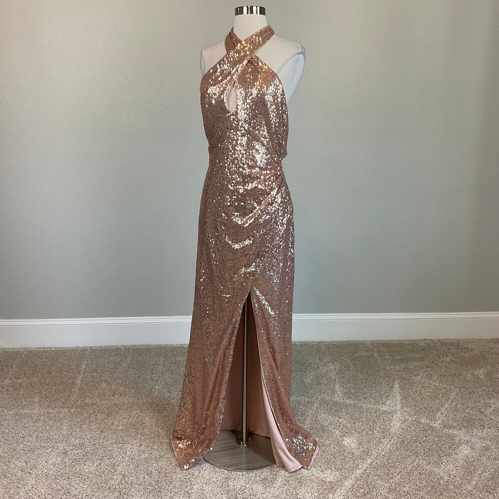AQUA Rose Gold Column Gown Sequined Backless Cut Out Halter Dress Size Medium - Picture 7 of 13